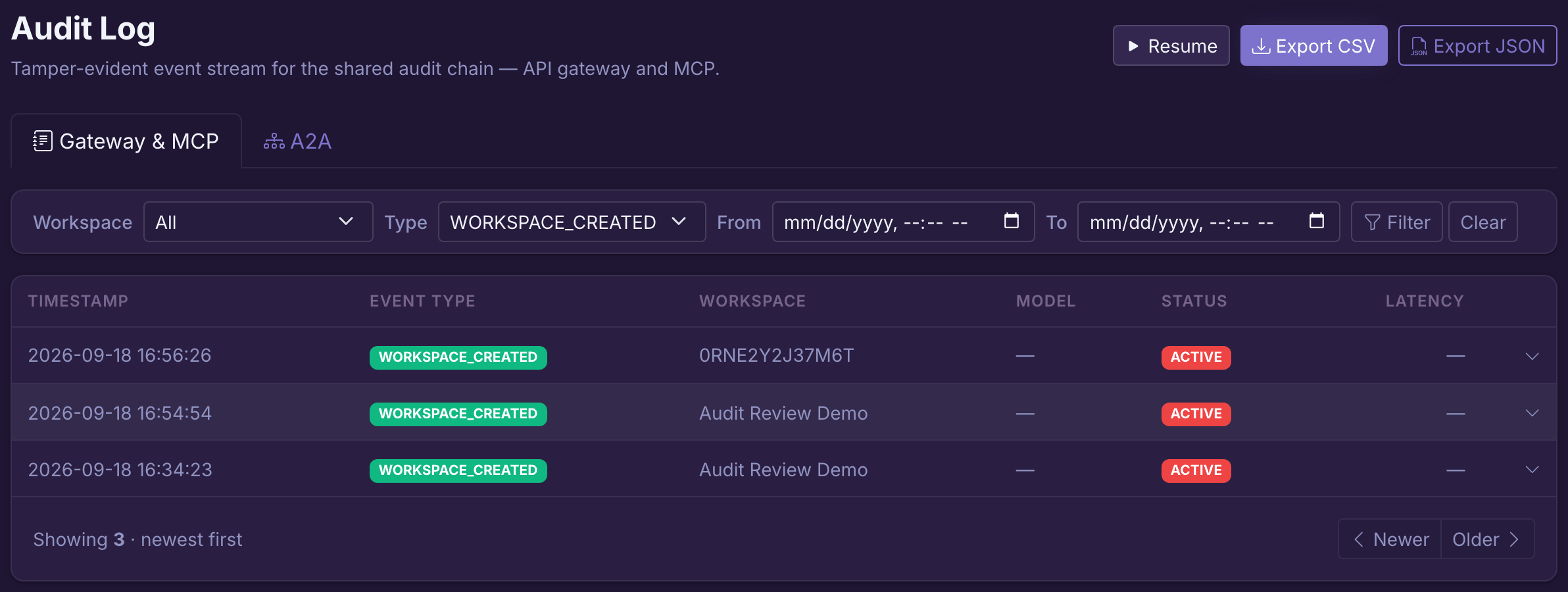 Flightdeck Audit Events filtered to WORKSPACE_CREATED, with the audit plane selector and export controls.