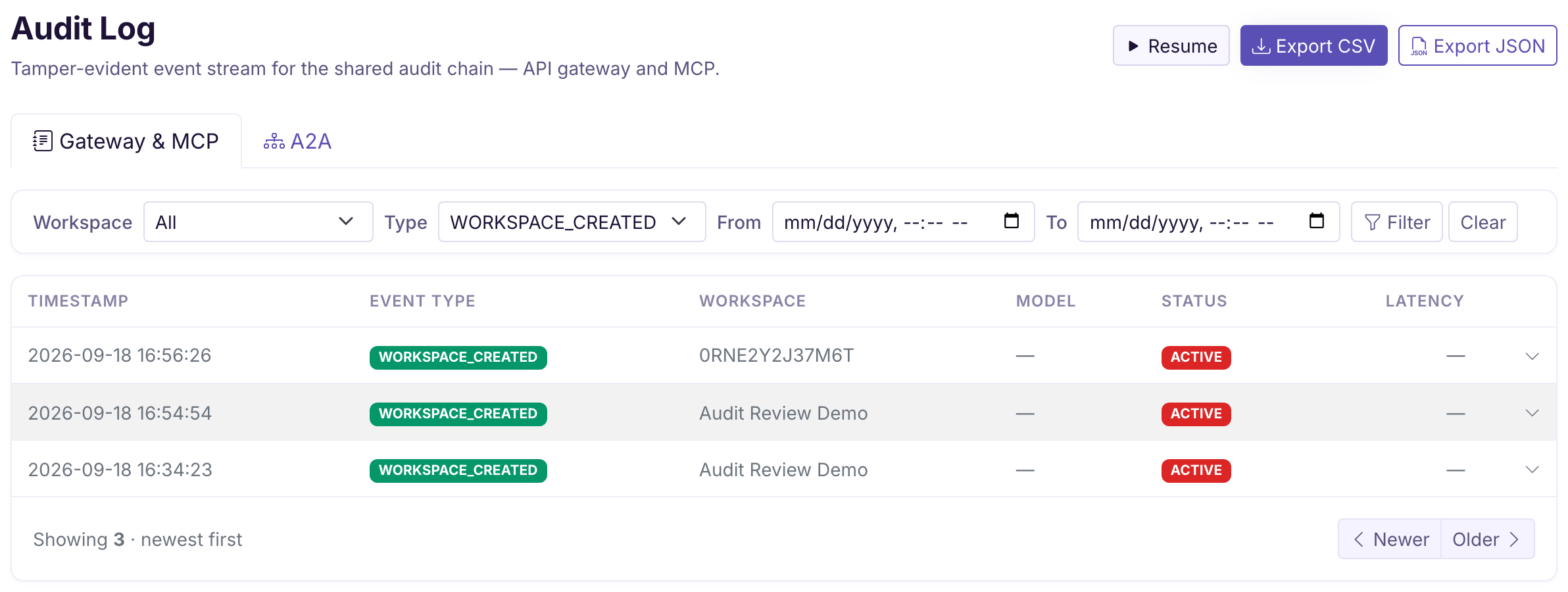 Flightdeck Audit Events filtered to WORKSPACE_CREATED, with the audit plane selector and export controls.
