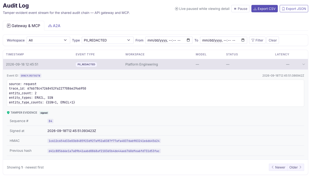 Expanded PII_REDACTED audit event from a real demo request, showing detected entity types and tamper-evident signing information.