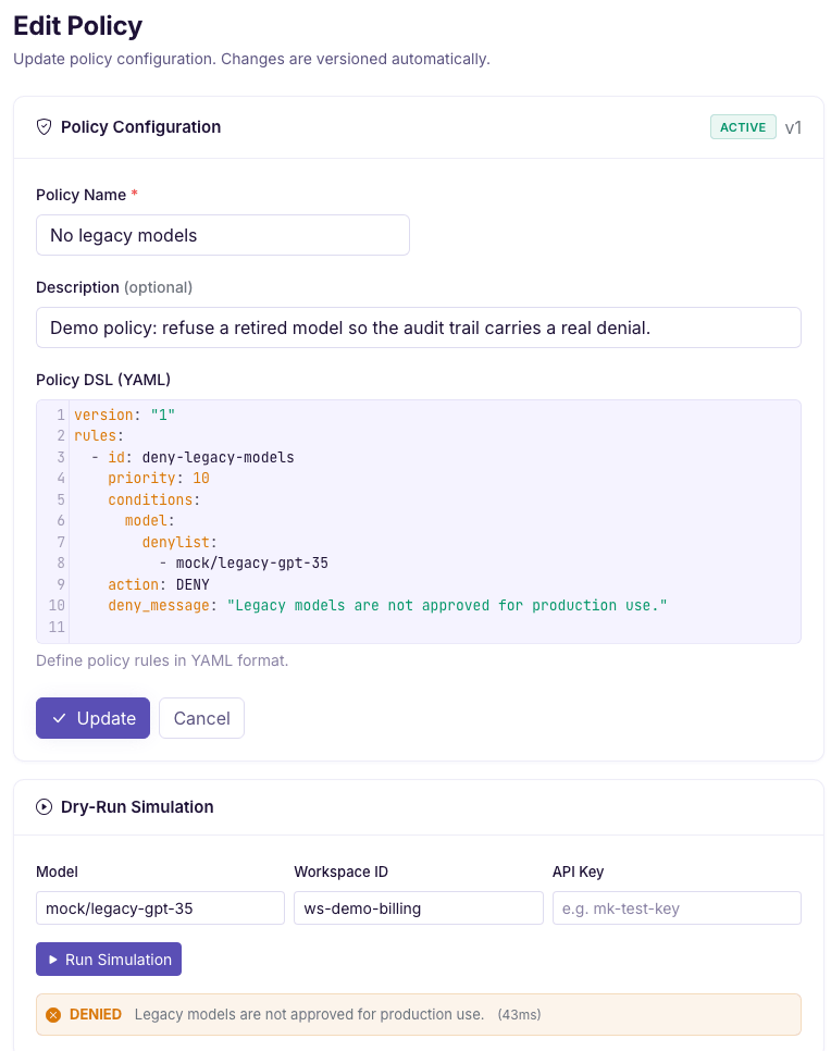 Policy editor showing the No legacy models rule and a dry-run result denying mock/legacy-gpt-35 for the Billing demo workspace.