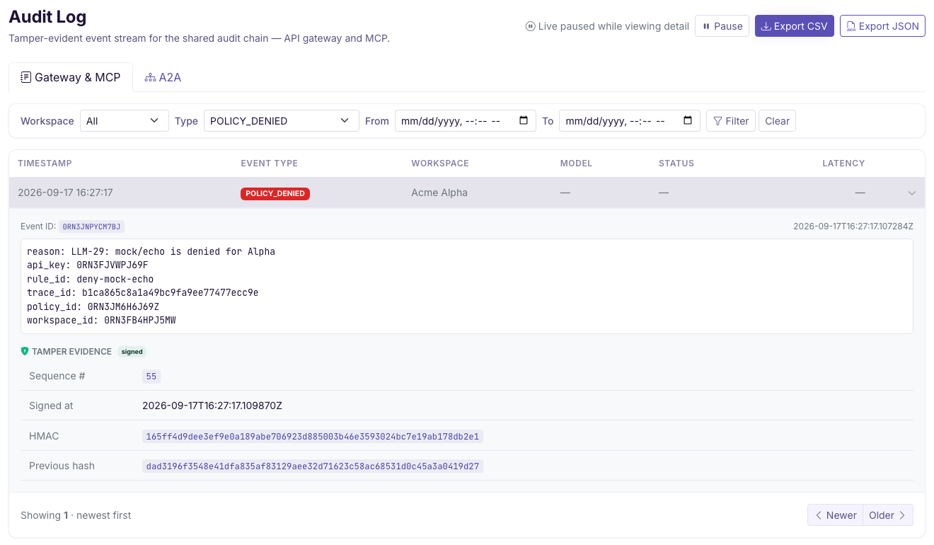 Flightdeck records a denied mock/echo request for the Acme Alpha demo workspace, with the policy rule, trace ID and signing evidence expanded.