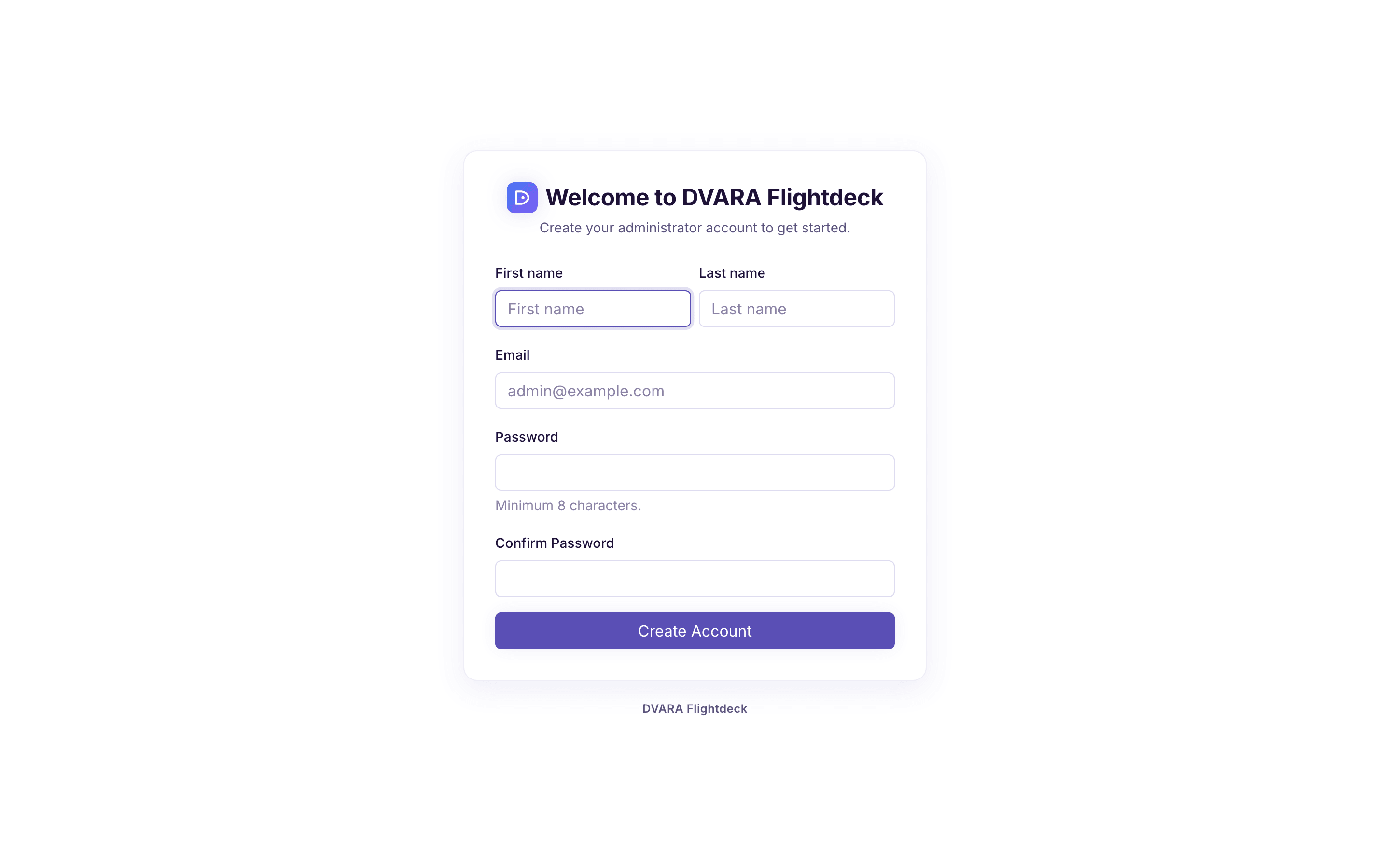 First-run setup form for creating the initial DVARA owner account