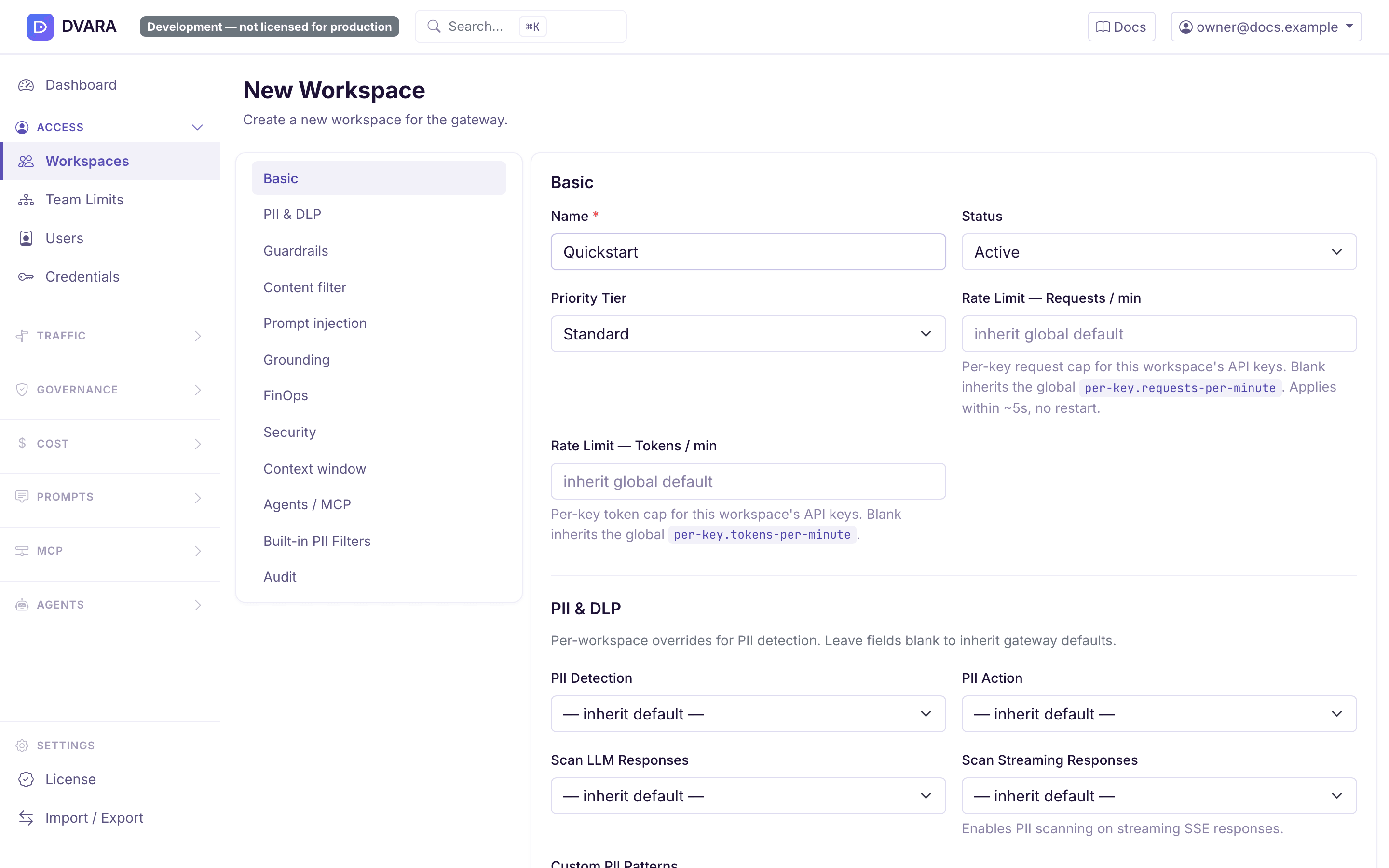 Create Workspace form for the Quickstart workspace