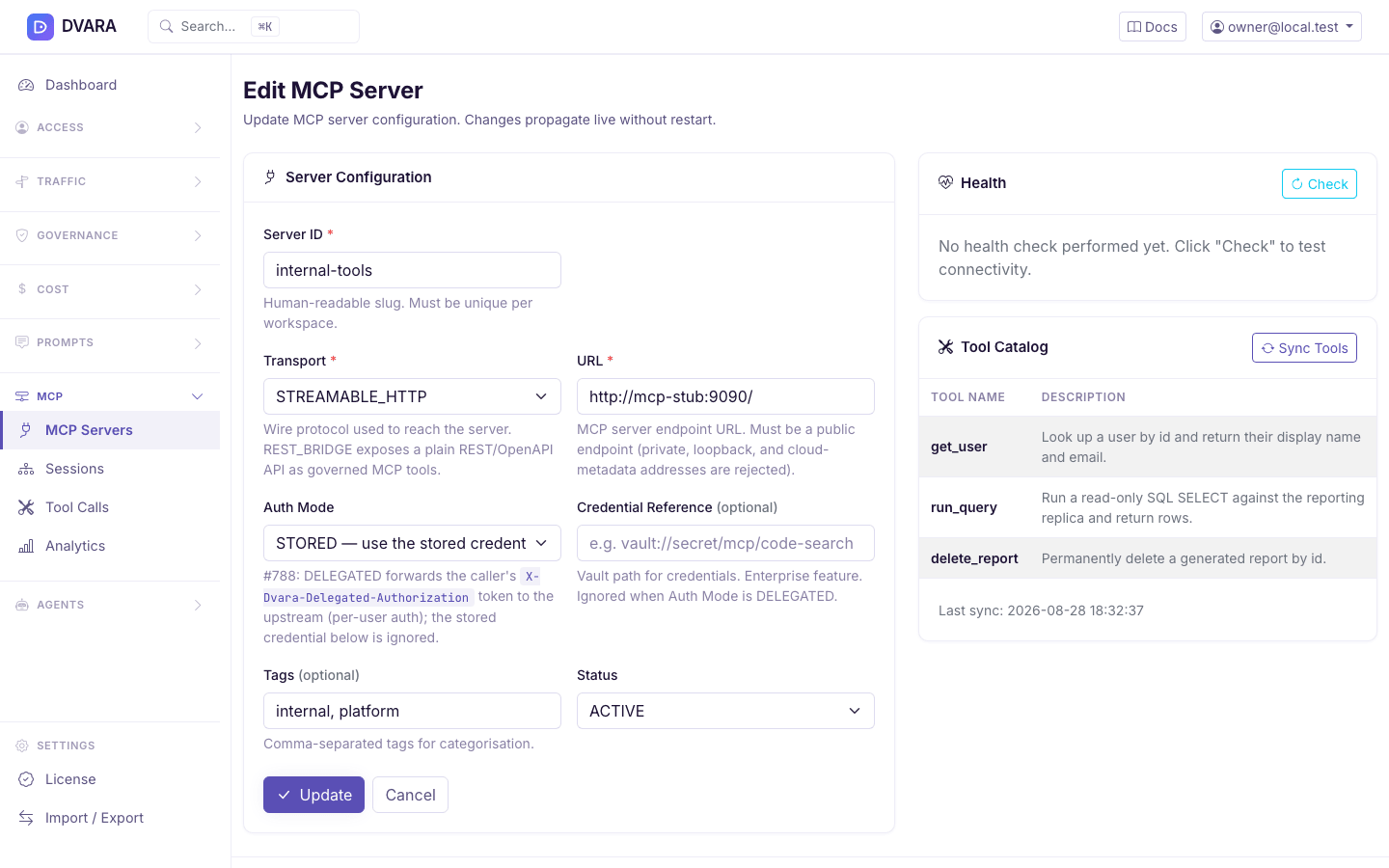 MCP server edit page with synced tool catalog showing three tools