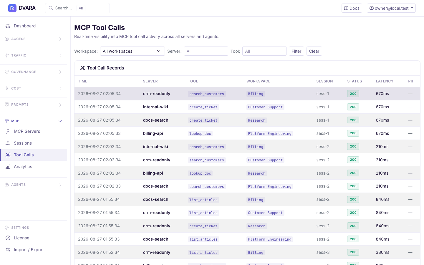 MCP tool calls list with one row expanded into a detail panel showing trace ID, latency, HTTP status, and policy decision
