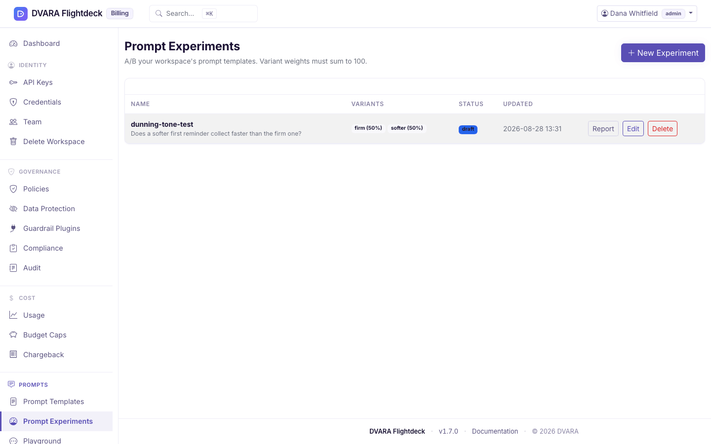 Flightdeck Prompt experiments page for workspace Acme Inc, where weighted variant experiments are configured.