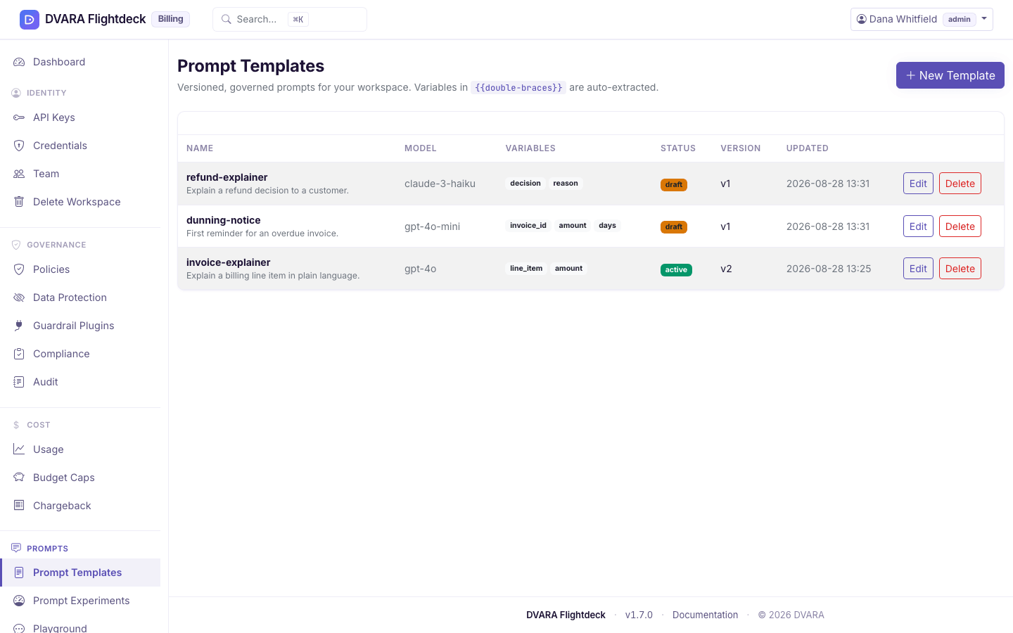 Flightdeck Prompt templates page for workspace Acme Inc, where versioned templates are authored.
